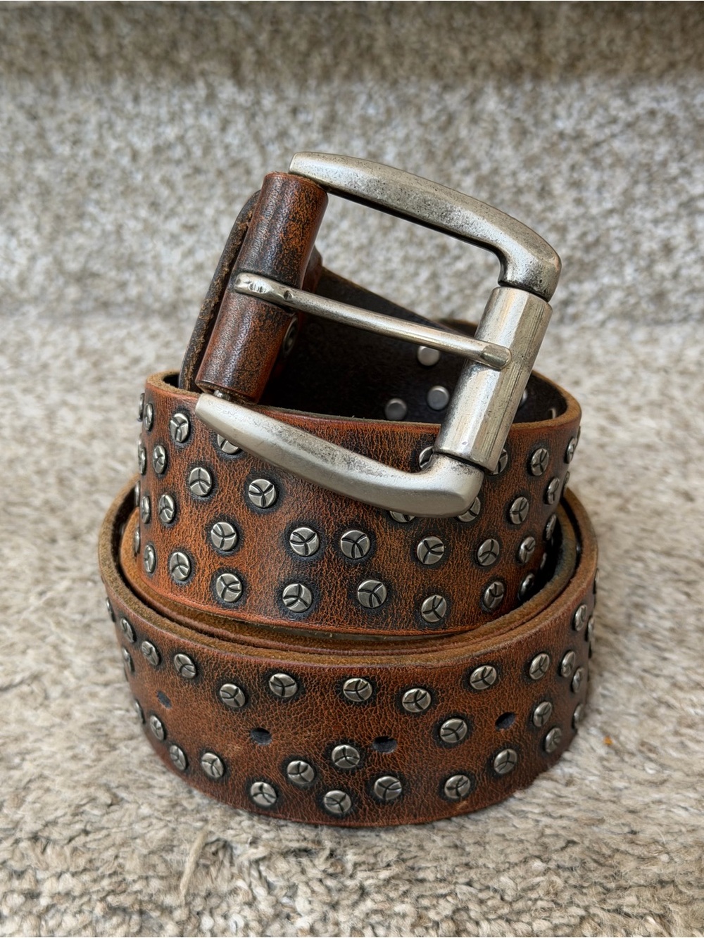 Bill Adler Design Brown Leather Belt w Silver Studs. Western. Cowboy. Sz 36. EUC